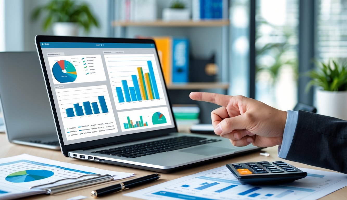 Meja kantor dengan laptop, kalkulator, dan dokumen keuangan sedang dianalisis oleh seseorang.