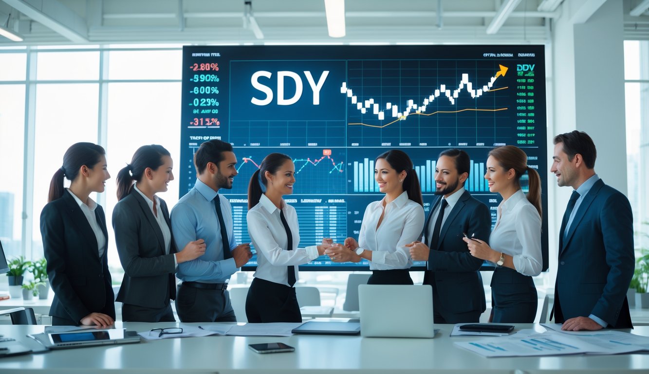 Sekelompok profesional bisnis sedang menganalisis data pasar saham di kantor modern dengan layar digital besar yang menampilkan grafik dan hasil saham.