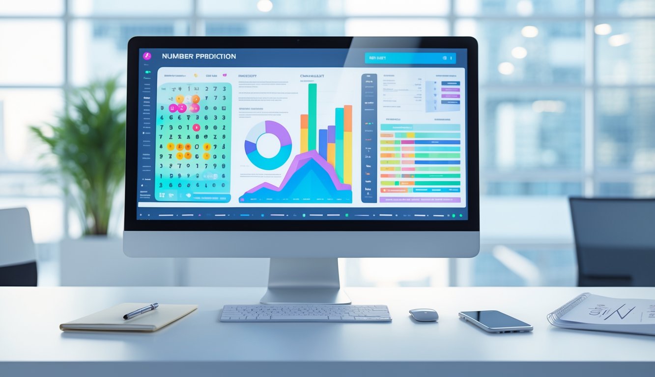 Meja kerja modern dengan komputer menampilkan grafik dan data analisis angka, ponsel dan buku catatan di sekitarnya.