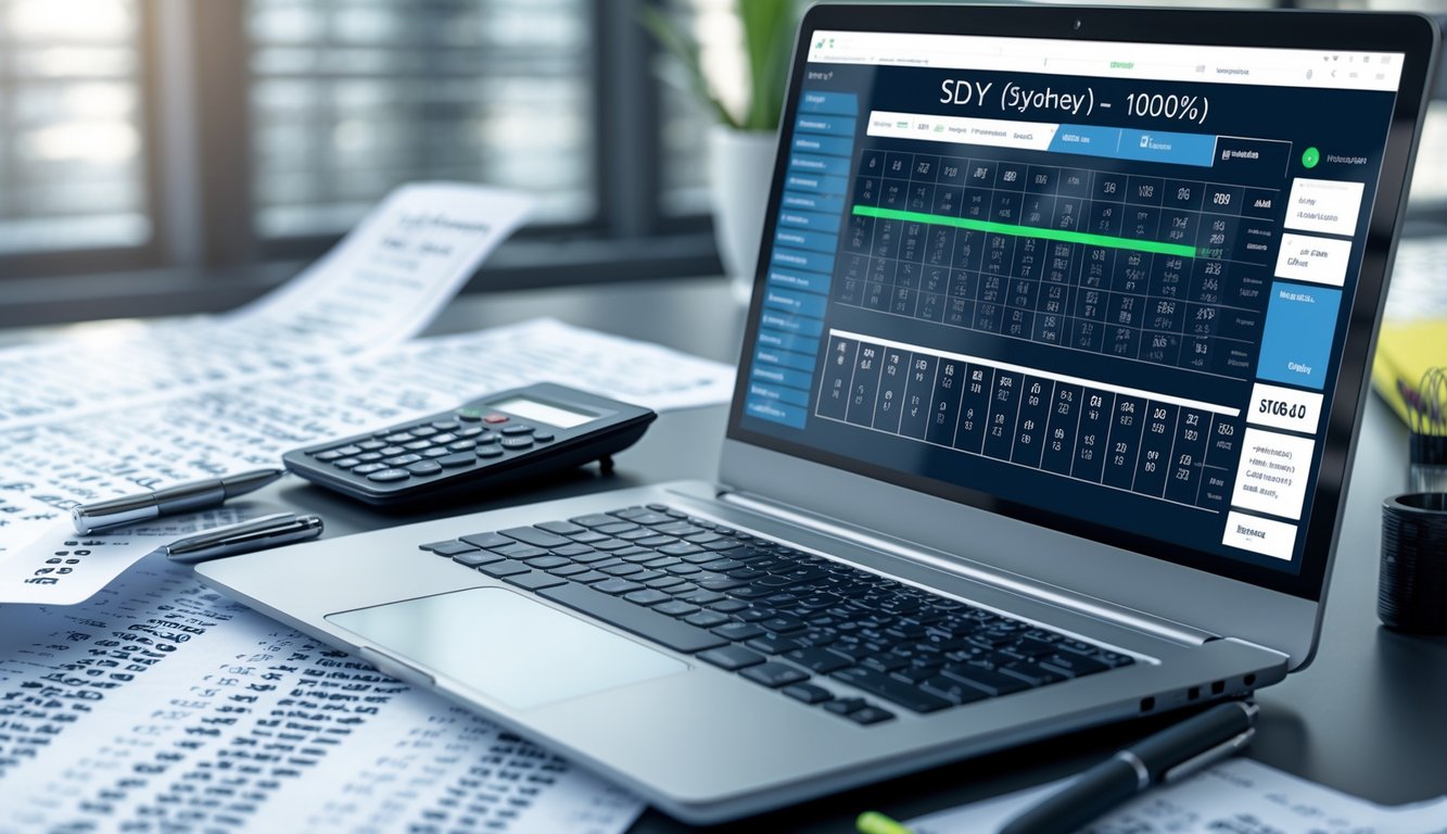 Meja kerja dengan laptop menampilkan data angka, kertas dengan baris angka, kalkulator, dan pena, menunjukkan aktivitas analisis angka.