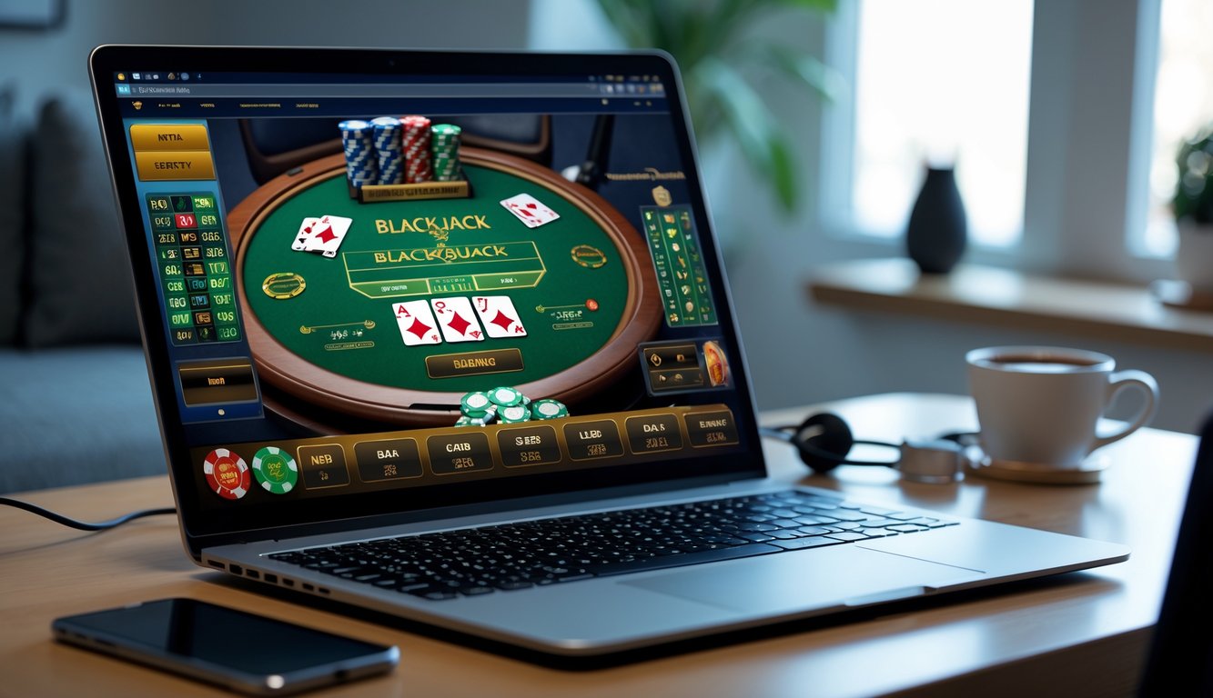 Seseorang sedang bermain blackjack online di komputer dengan tumpukan chip dan kartu di layar.