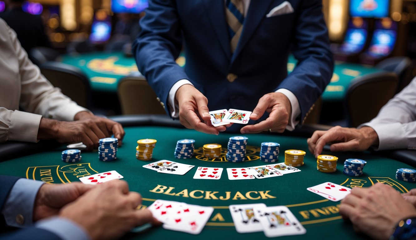 Meja blackjack di kasino dengan dealer membagikan kartu dan pemain memegang kartu di tangan mereka.