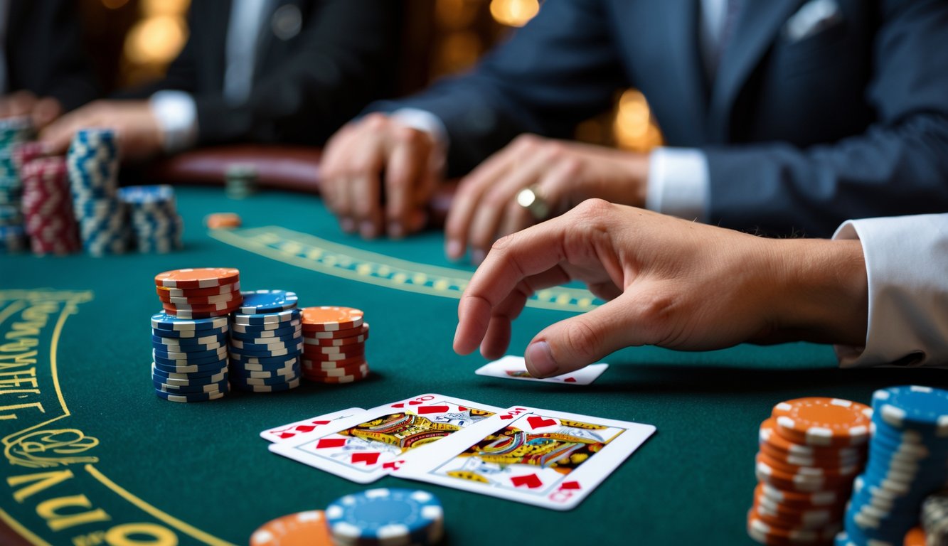 Meja blackjack dengan kartu dan chip poker, tangan pemain sedang memegang kartu, suasana kasino di latar belakang.