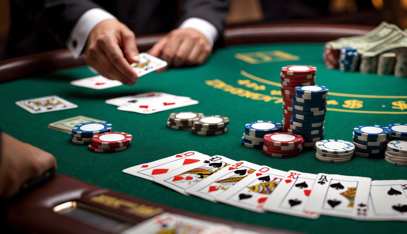 Meja blackjack dengan kartu, chip poker, dan uang asli di atas meja, dengan tangan dealer yang sedang membagikan kartu.
