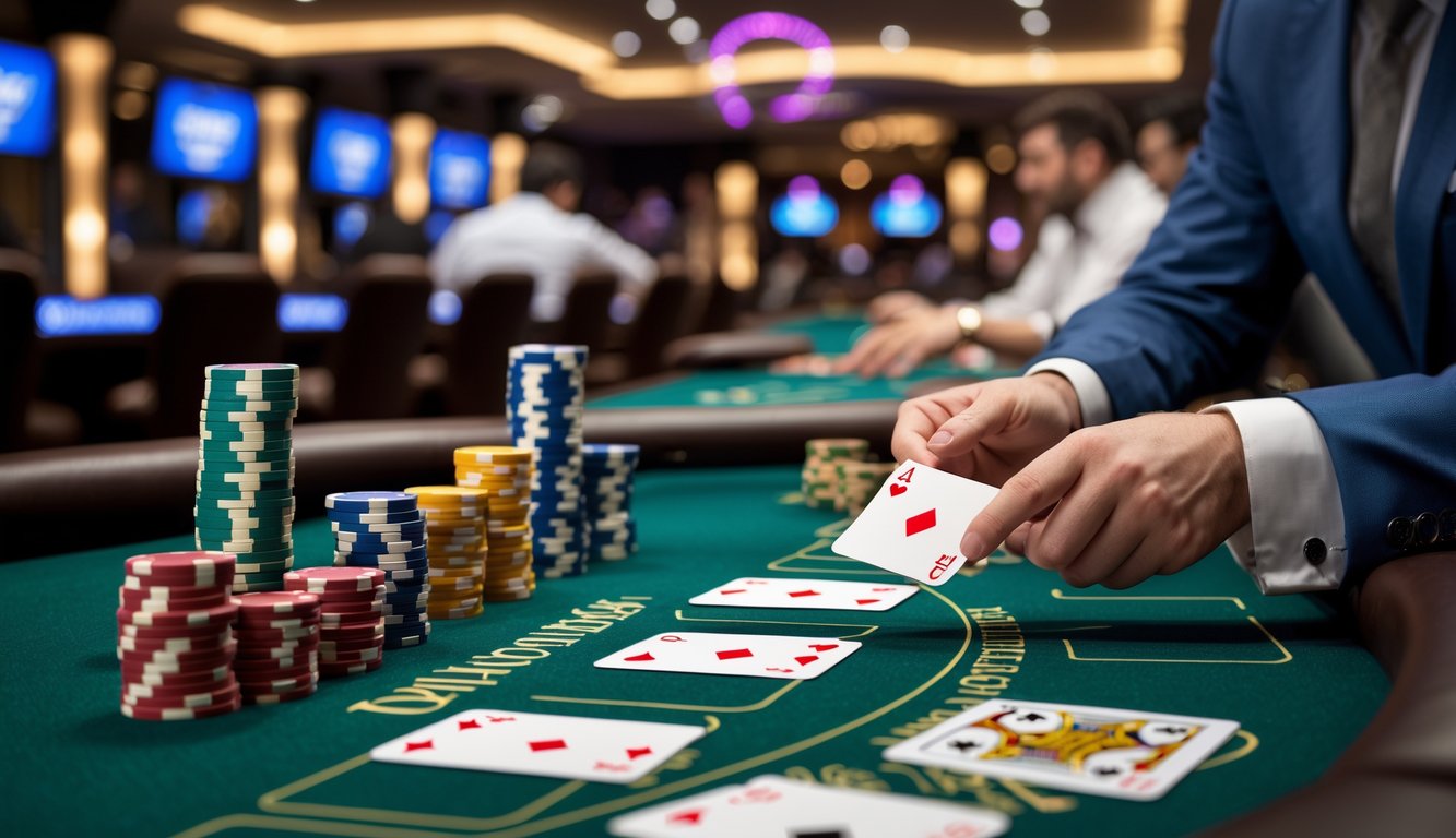 Meja blackjack kasino modern dengan kartu dan chip poker, dealer membagikan kartu kepada pemain.