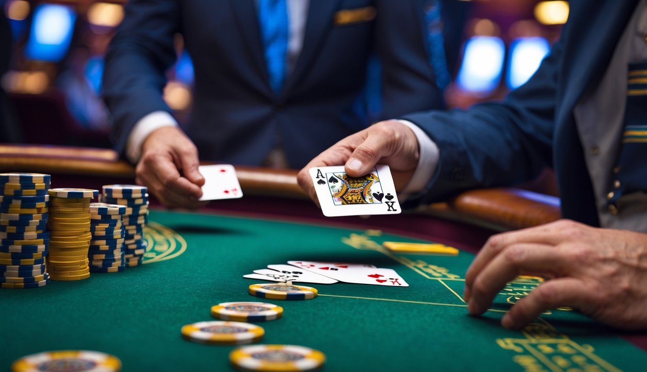 Seorang pemain blackjack yang berpakaian rapi sedang memegang kartu di meja kasino dengan tumpukan chip dan dealer yang membagikan kartu.