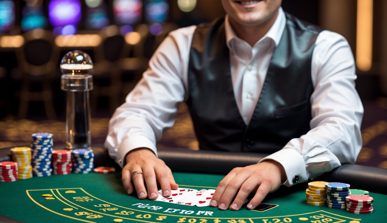 Seorang dealer blackjack langsung duduk di meja kasino dengan kartu dan chip poker.