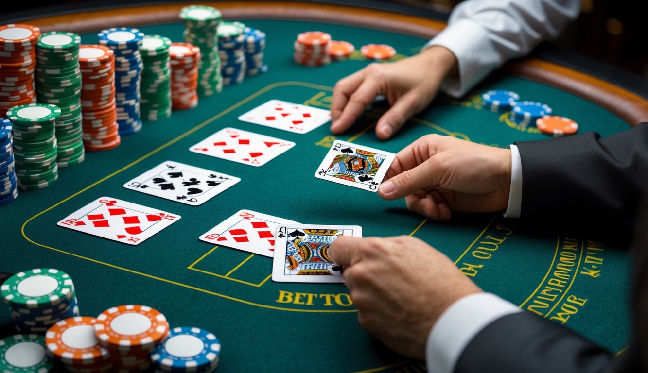 Meja blackjack di kasino dengan kartu dan tumpukan chip poker, dealer sedang membagikan kartu kepada pemain.