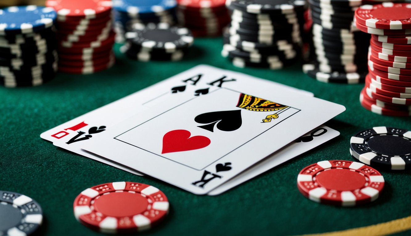 Sepasang kartu blackjack di atas meja kasino dengan tumpukan chip poker di sekitarnya.