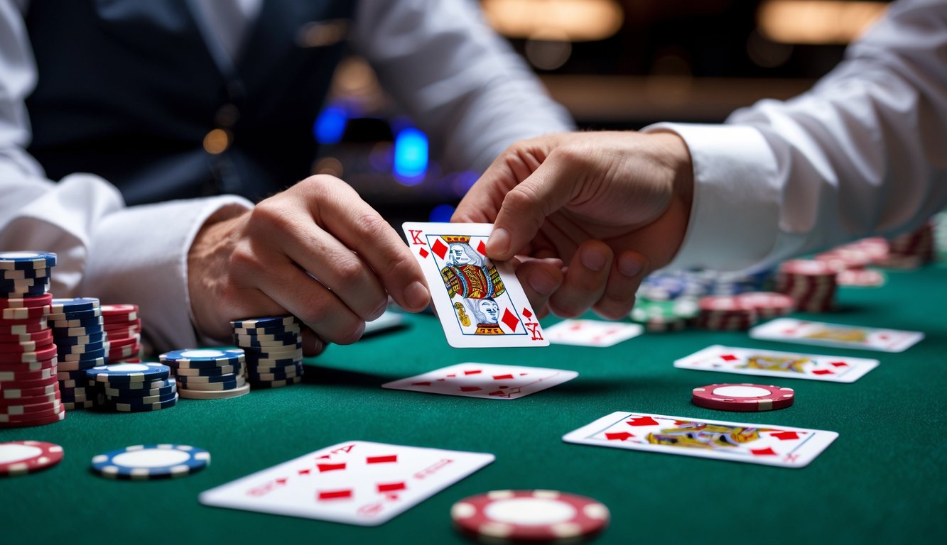 Tangan pemain sedang mengambil kartu tambahan di meja blackjack dengan kartu dan chip terlihat jelas.