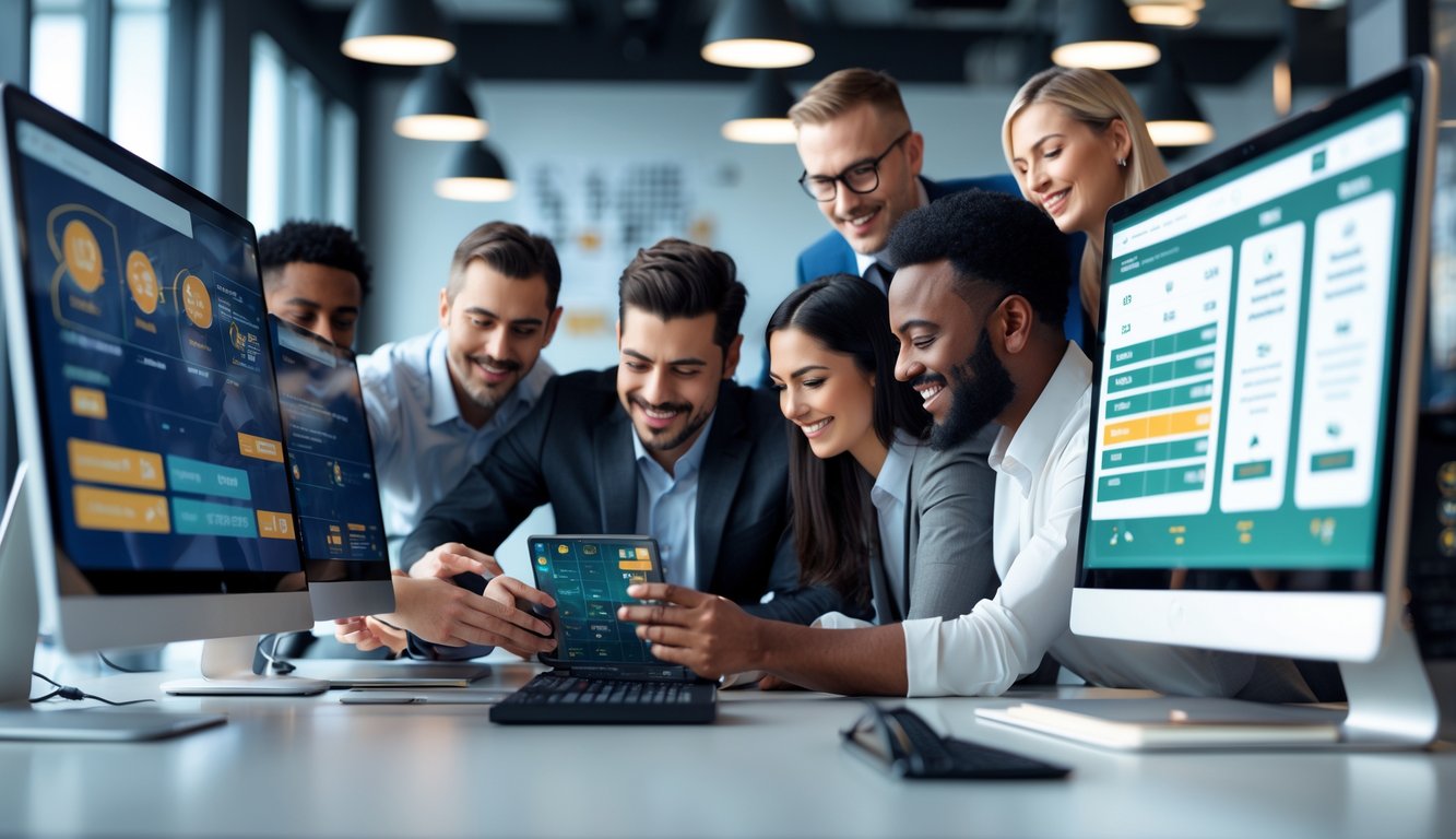 Orang-orang di kantor modern sedang memeriksa hasil lotere secara online menggunakan komputer dan perangkat digital.