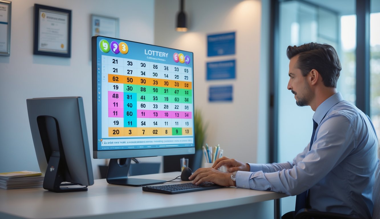 Seorang pekerja di kantor agen togel yang rapi sedang melihat layar komputer dengan angka dan grafik togel.