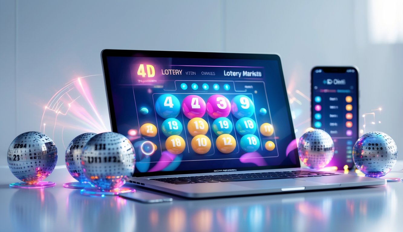 Meja kerja modern dengan laptop dan bola lotere, menggambarkan pasar togel online 4D.