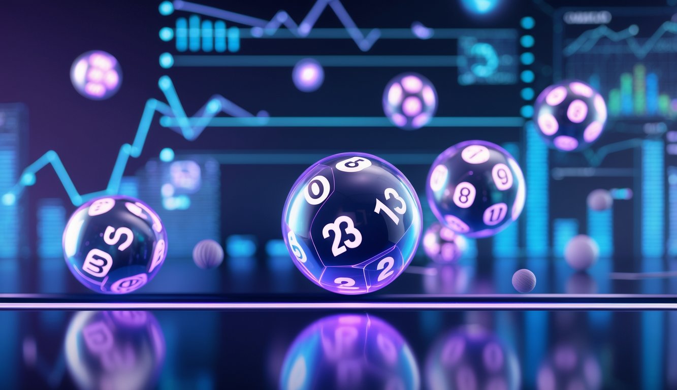 Gambar bola lotere 3D mengambang dengan angka di atas permukaan gelap dengan cahaya neon biru dan ungu, menampilkan suasana teknologi tinggi dan akurasi.