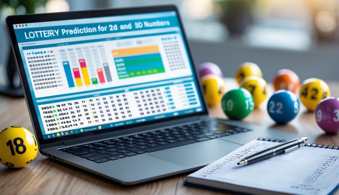 Meja kerja dengan laptop menampilkan grafik dan angka, bola togel bernomor, serta buku catatan dengan perhitungan angka.