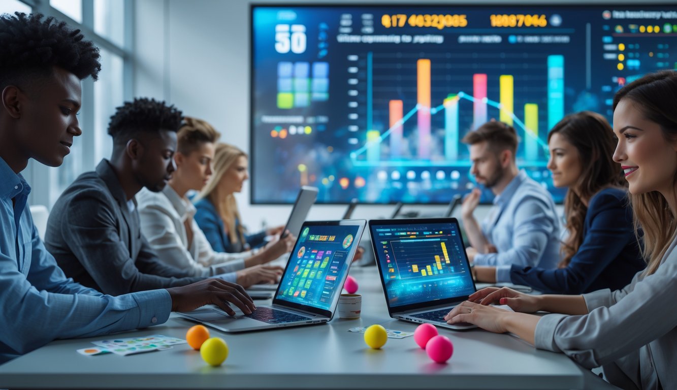 Sekelompok orang muda menggunakan laptop dan ponsel di ruang kantor modern yang terang, dengan layar digital menampilkan grafik dan angka lotere.