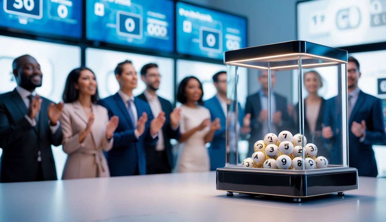 Suasana acara pengundian lotre 4D secara langsung dengan mesin lotre transparan dan orang-orang yang menonton dengan antusias.