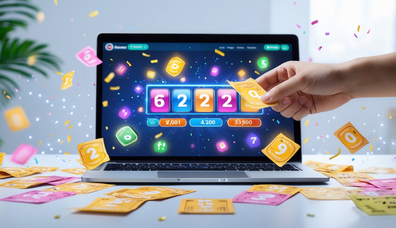 Seseorang sedang menggunakan laptop dengan tampilan permainan togel online dan memegang tiket kemenangan di ruang kerja yang cerah.
