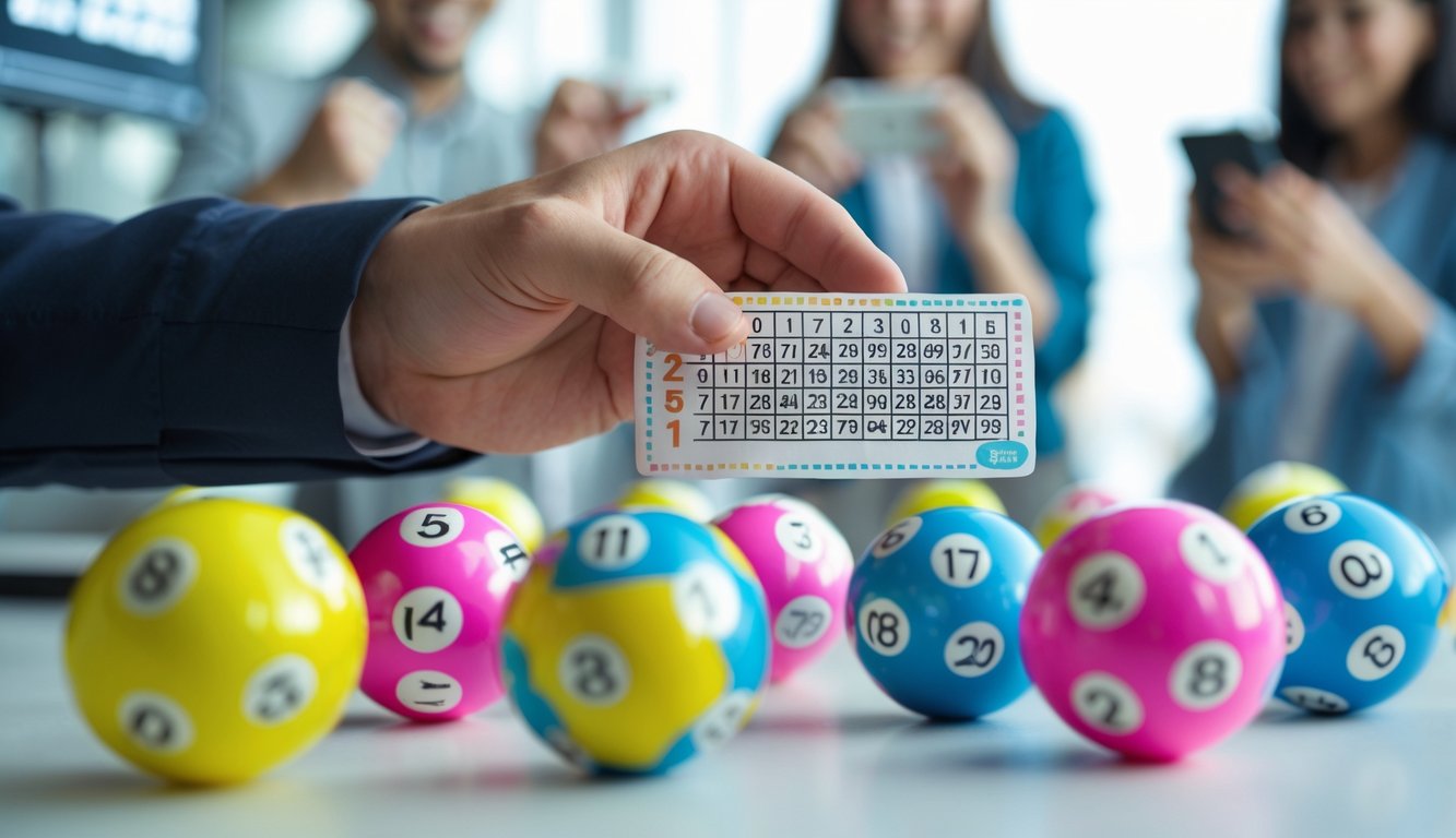 Tangan memegang tiket lotere dengan bola lotere berwarna-warni di atas meja, latar belakang orang yang sedang merayakan.