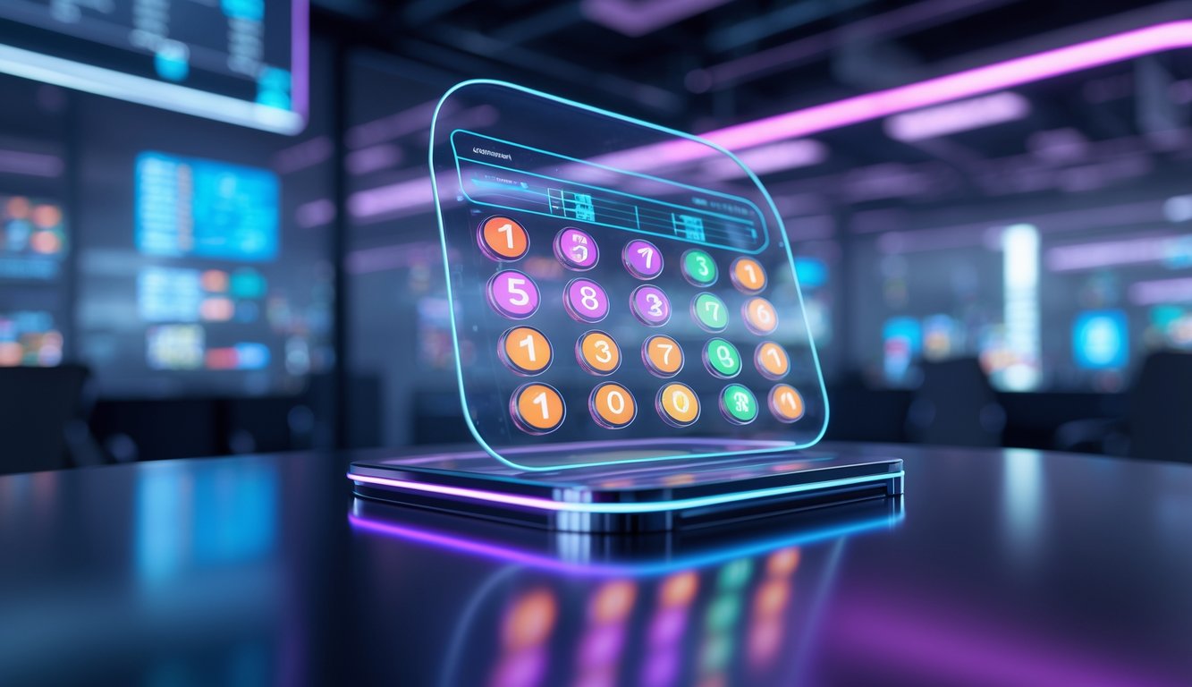 Antarmuka holografik 3D menampilkan angka lotre berwarna-warni di atas permukaan gelap dengan latar belakang kantor berteknologi tinggi.