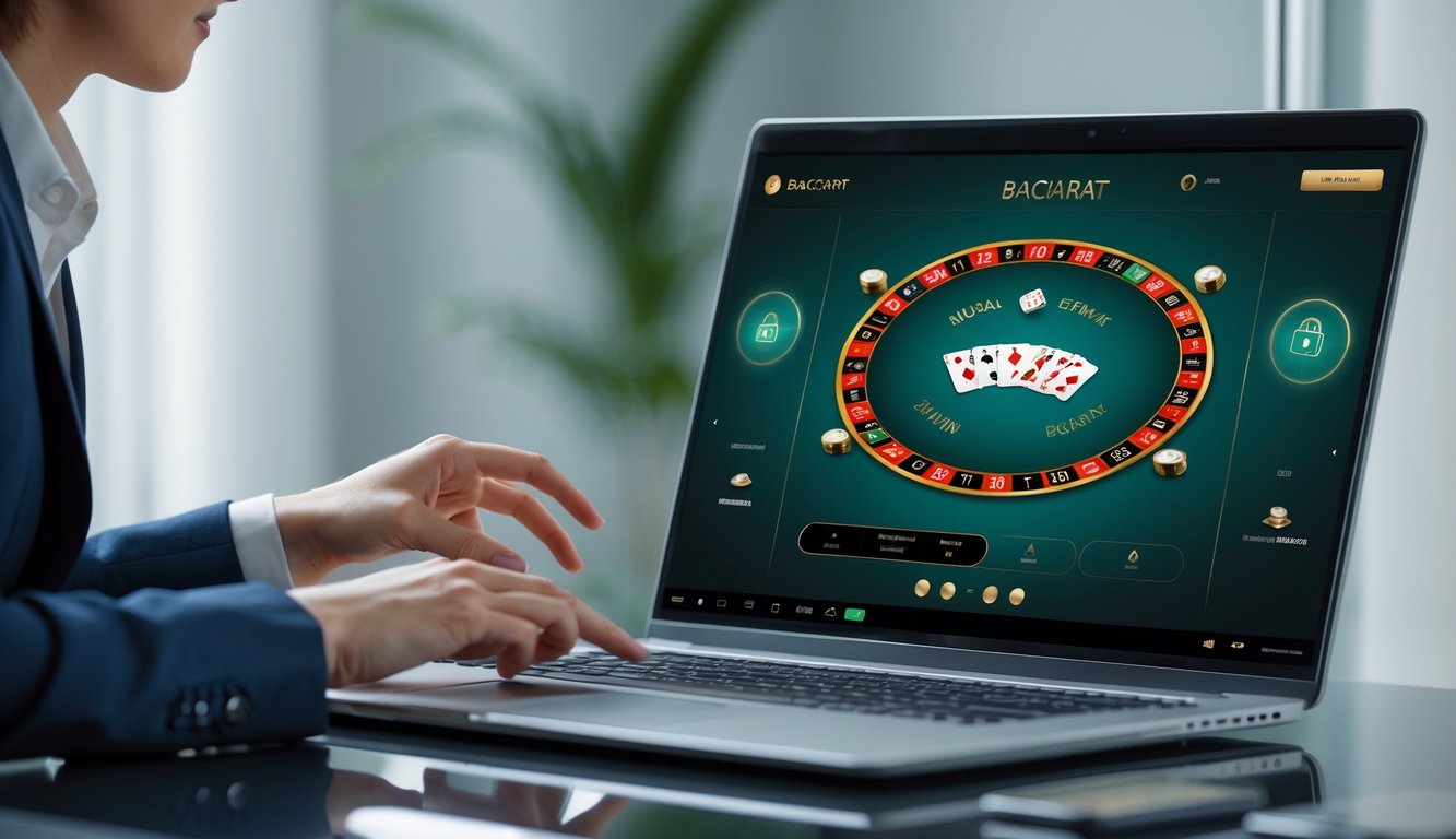 Seseorang menggunakan komputer dengan tampilan permainan baccarat online dalam suasana yang tenang dan profesional.