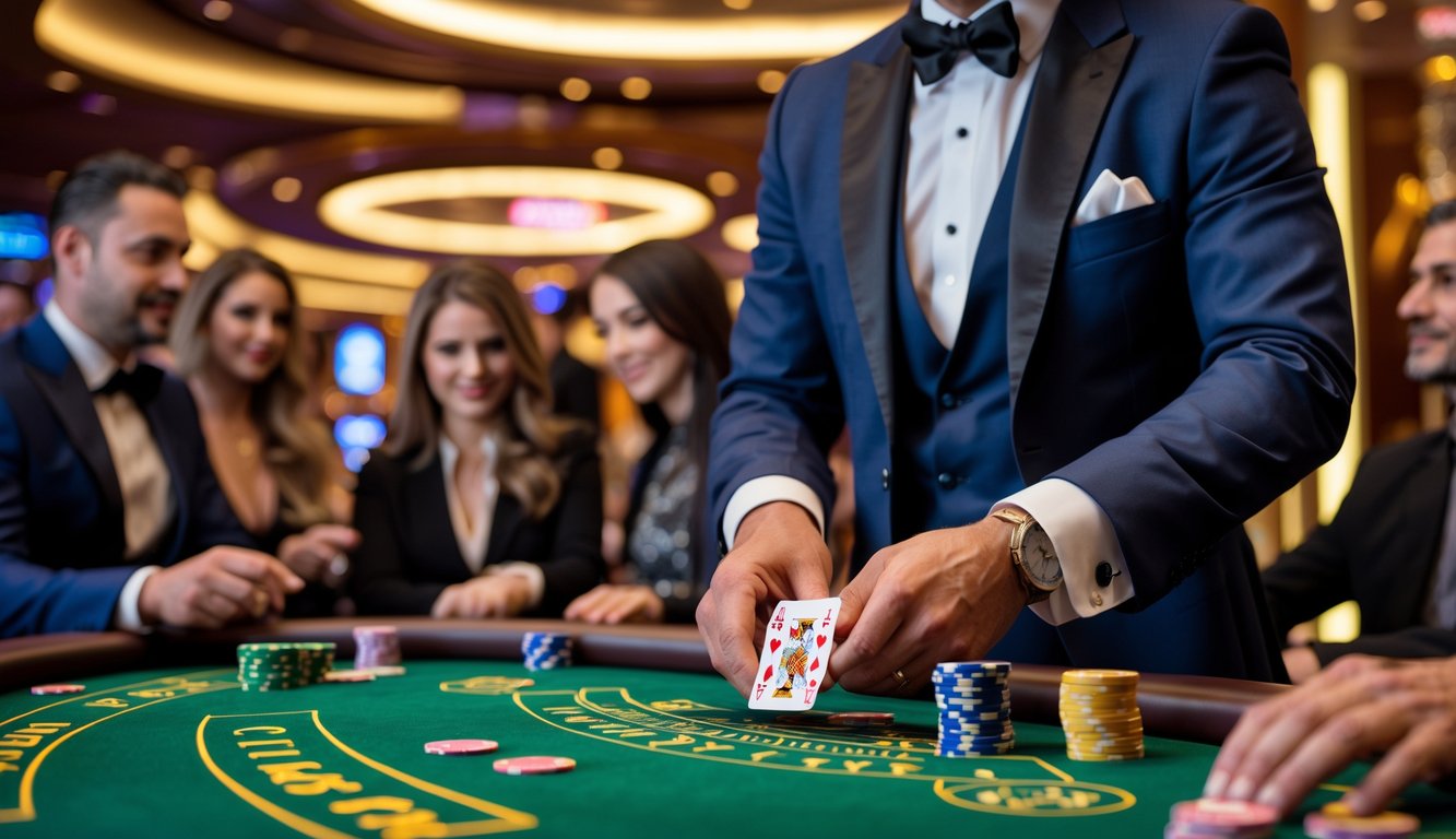 Seorang dealer berjubah formal sedang membagikan kartu di meja baccarat hijau dengan beberapa pemain yang fokus di sekitarnya di dalam kasino mewah.