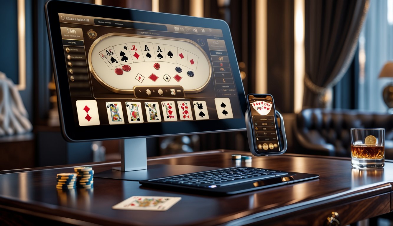 Sebuah meja dengan komputer dan ponsel yang menampilkan permainan baccarat online dengan suasana ruangan yang mewah dan nyaman.