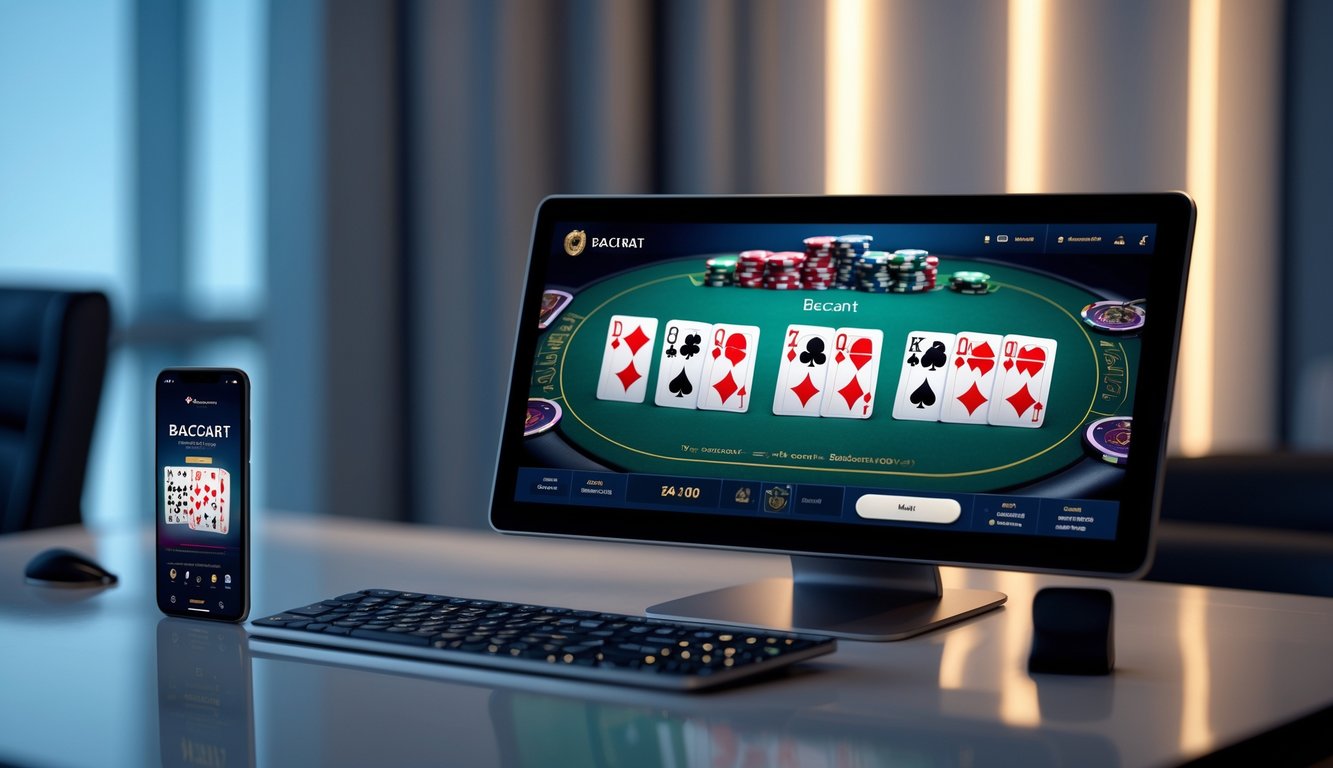 Sebuah meja kerja modern dengan layar komputer menampilkan permainan baccarat online dan smartphone di sampingnya menunjukkan permainan yang sama.