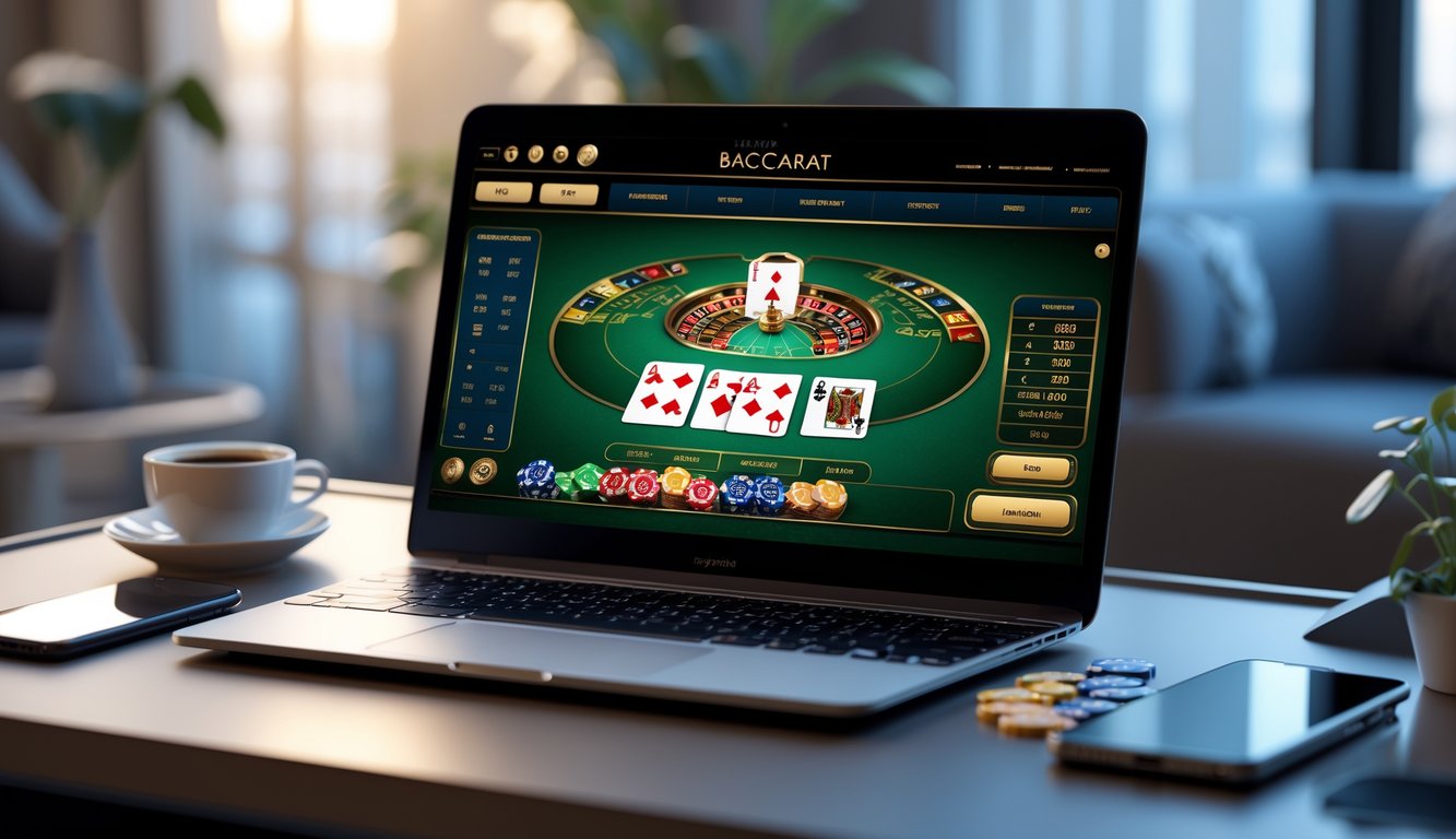Seseorang sedang bermain baccarat online di laptop dengan suasana nyaman di meja kerja.