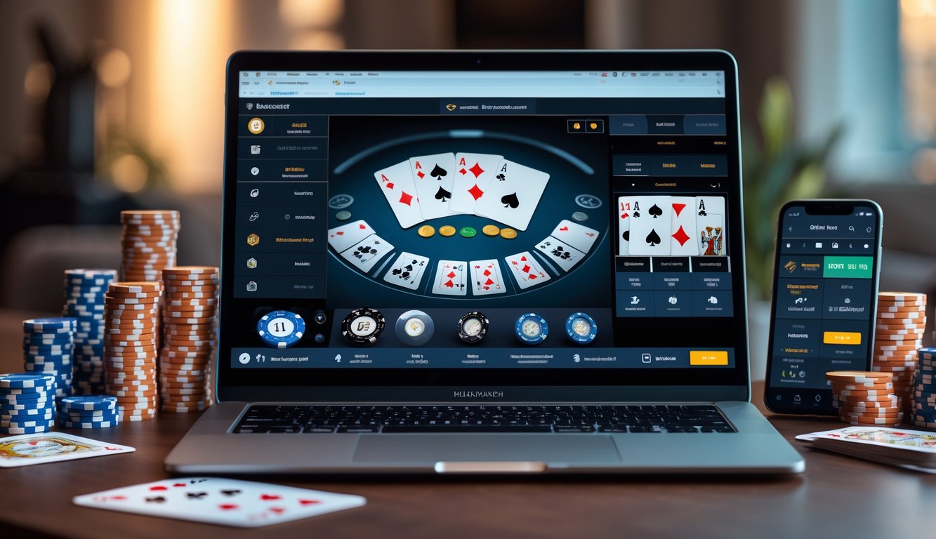 Seseorang sedang bermain baccarat online di komputer dengan chip poker dan kartu di sekitar meja.