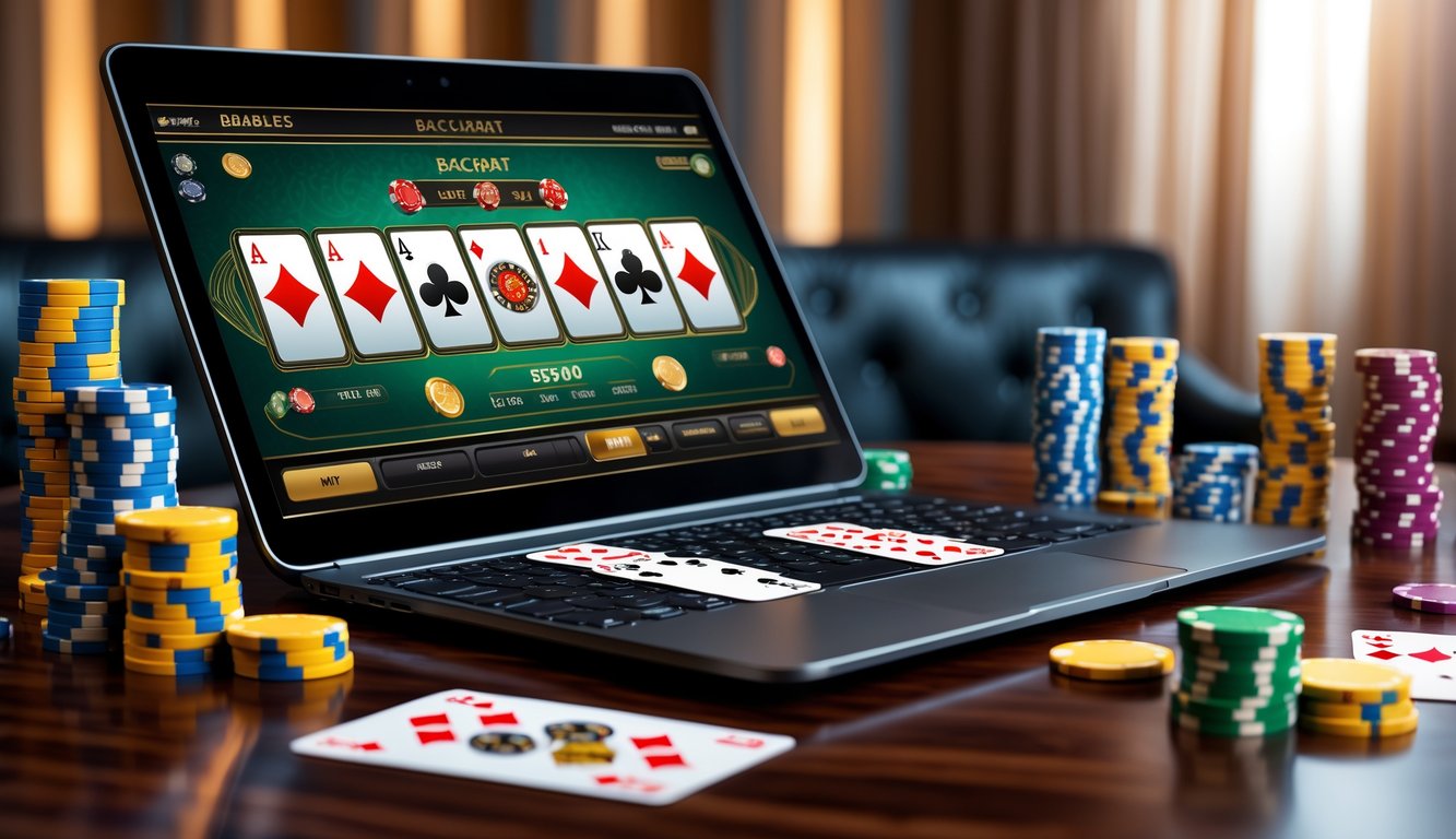 Seorang pemain menggunakan laptop untuk bermain baccarat online dengan tumpukan chip kasino dan kartu di atas meja kayu.