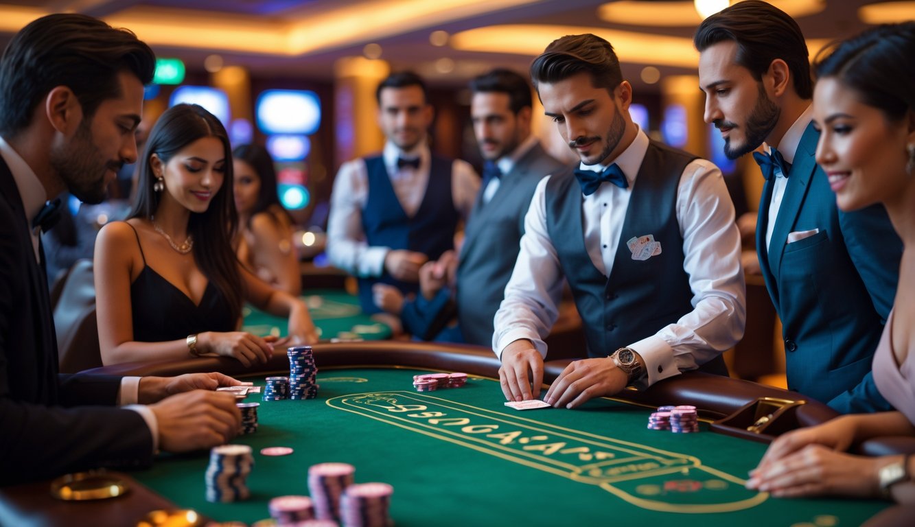 Meja baccarat live dengan pemain dan dealer di kasino yang elegan.