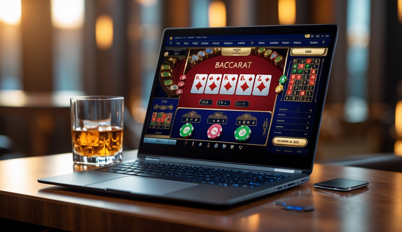 Seorang pemain menggunakan laptop dengan tampilan permainan baccarat online, di atas meja kayu dengan minuman di sampingnya.