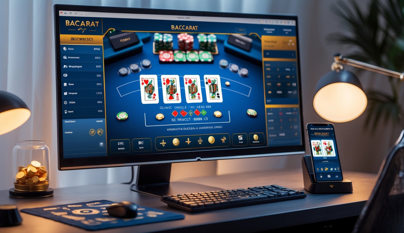Sebuah meja kerja modern dengan komputer menampilkan permainan baccarat online, dilengkapi dengan keyboard, mouse, dan ponsel di sampingnya.