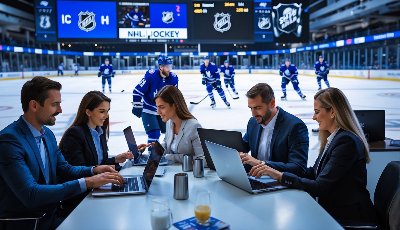 Orang-orang menggunakan perangkat digital untuk bertaruh pada pertandingan hoki NHL dengan layar besar menampilkan pertandingan hoki di latar belakang.