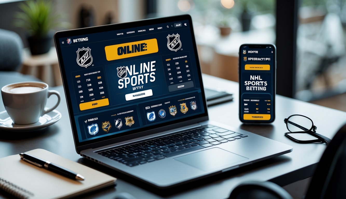 Seseorang menggunakan laptop dan ponsel untuk memasang taruhan olahraga NHL secara online di sebuah meja kerja dengan suasana nyaman.