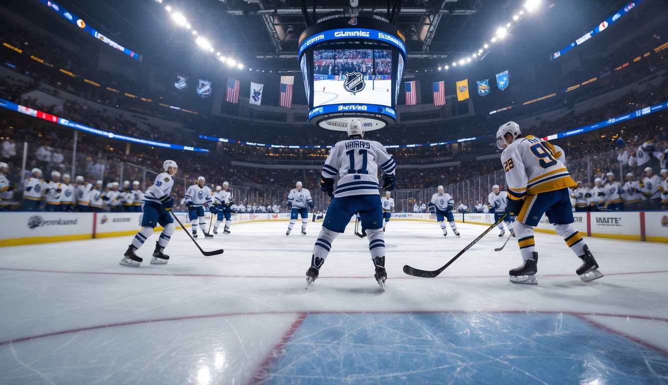 Pertandingan hoki es NHL yang seru di arena besar dengan pemain yang sedang bermain dan penonton yang antusias.