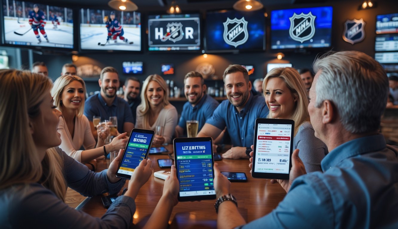 Sekelompok orang menonton pertandingan hoki NHL secara langsung di bar olahraga dengan perangkat elektronik menampilkan peluang taruhan.