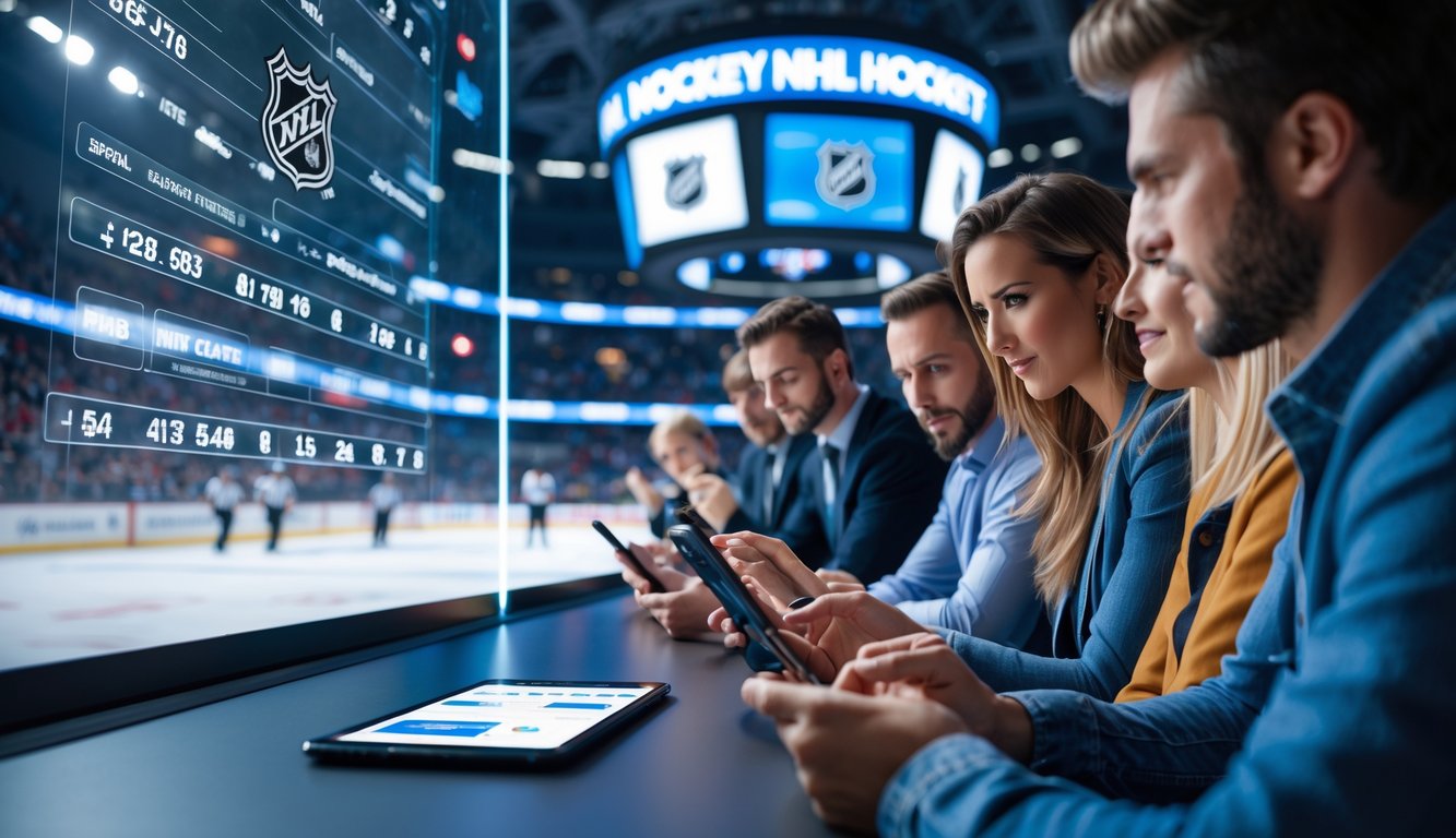 Orang-orang sedang melihat dan menganalisis peluang taruhan NHL di sebuah arena hoki es yang terang dengan layar digital.