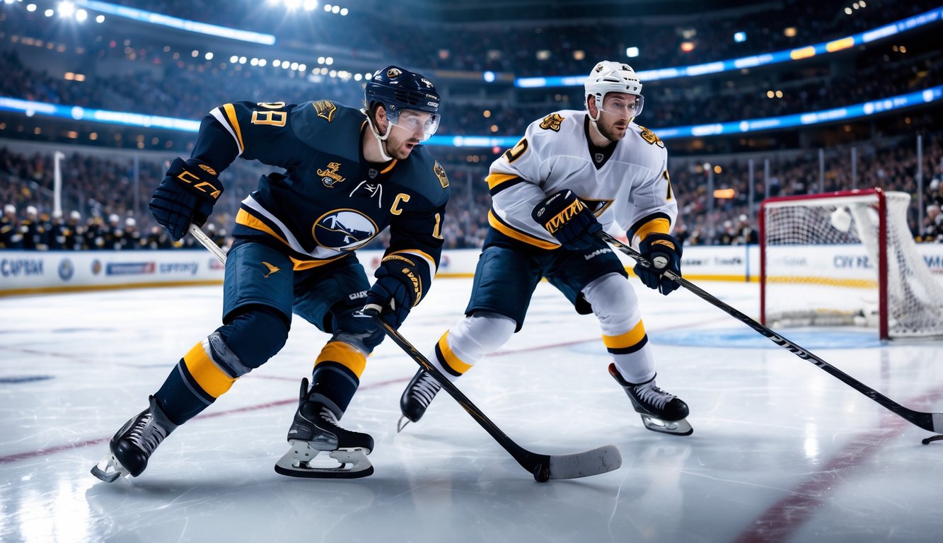 Dua pemain hoki es NHL sedang beraksi di atas es dengan penonton di latar belakang stadion.