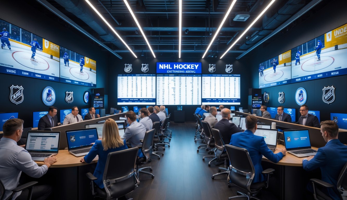 Orang-orang di kantor modern sedang melihat pertandingan hoki NHL dan menggunakan perangkat elektronik untuk memasang taruhan.