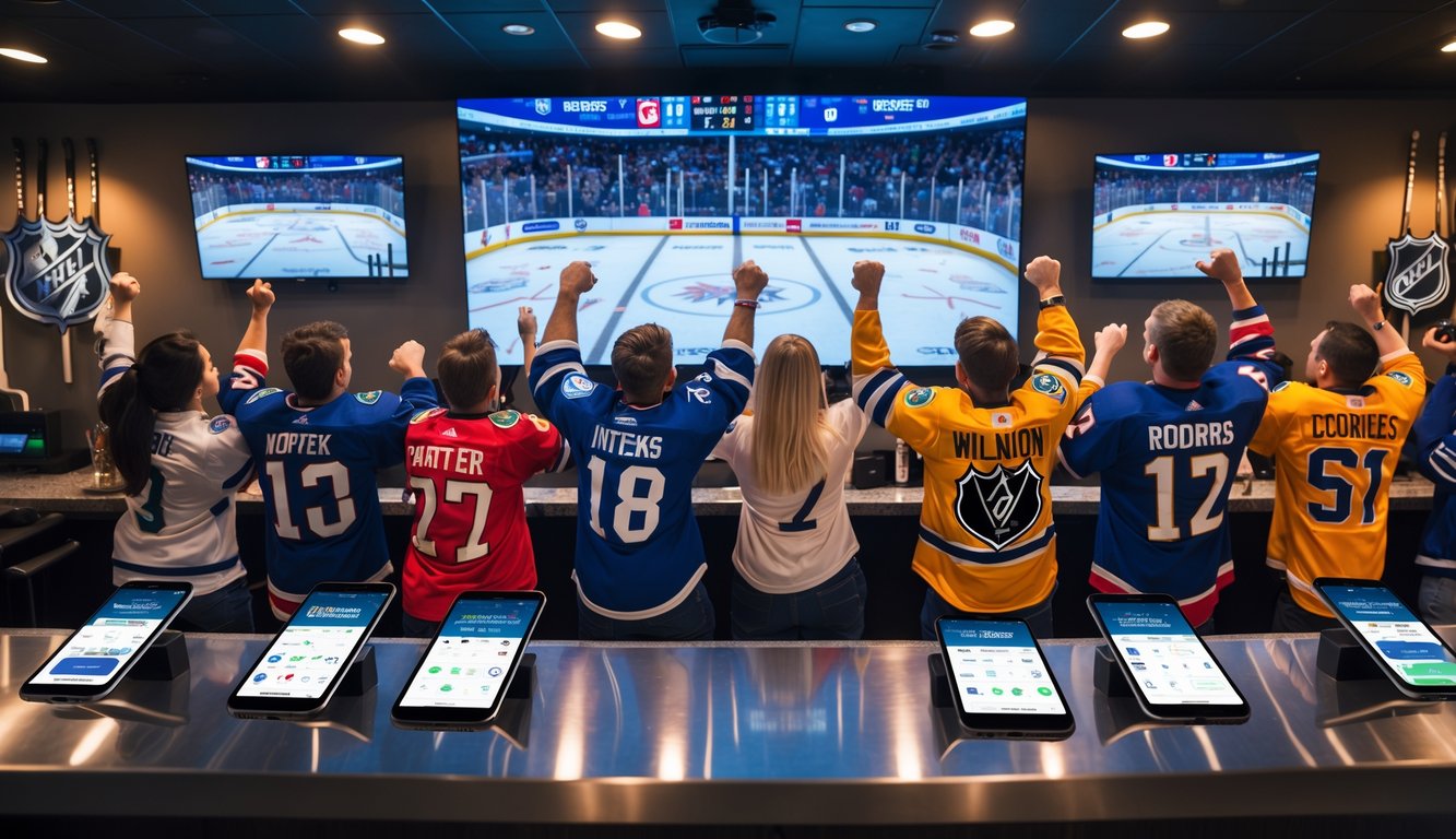 Sekelompok penggemar hoki di bar menonton pertandingan NHL dengan perangkat yang menampilkan aplikasi taruhan.
