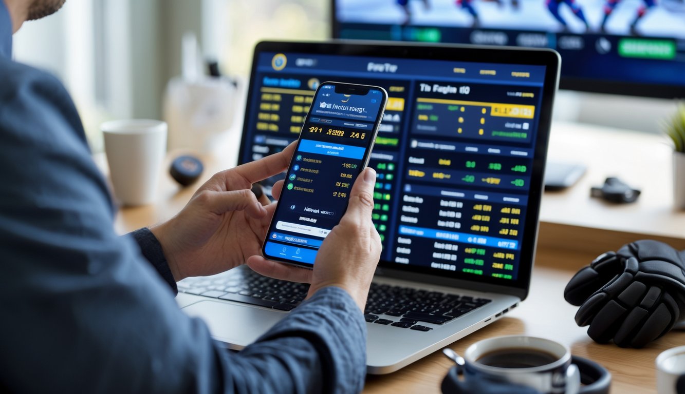 Seseorang duduk di meja menggunakan laptop dan ponsel untuk melihat statistik dan peluang taruhan NHL, dengan televisi menampilkan pertandingan hoki di latar belakang.