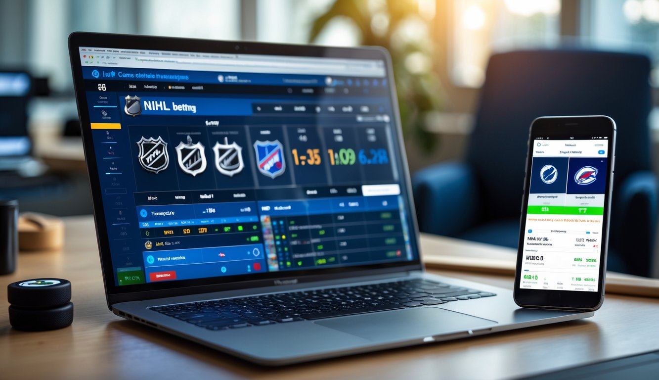 Sebuah ruang kerja modern dengan laptop dan ponsel yang menampilkan aplikasi taruhan NHL, dikelilingi dekorasi bertema hoki es.
