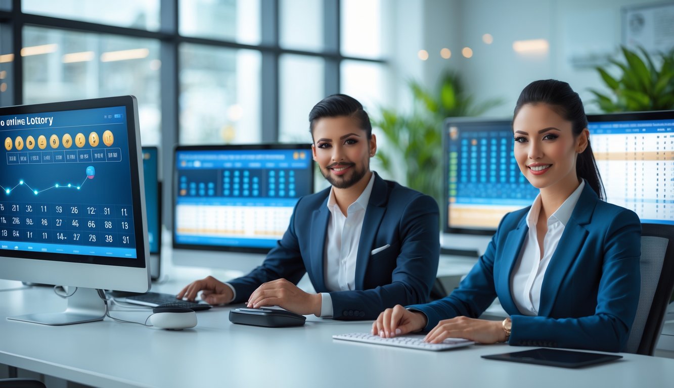 Dua orang profesional duduk di meja dengan komputer yang menampilkan angka togel, di kantor modern yang terang dan rapi.