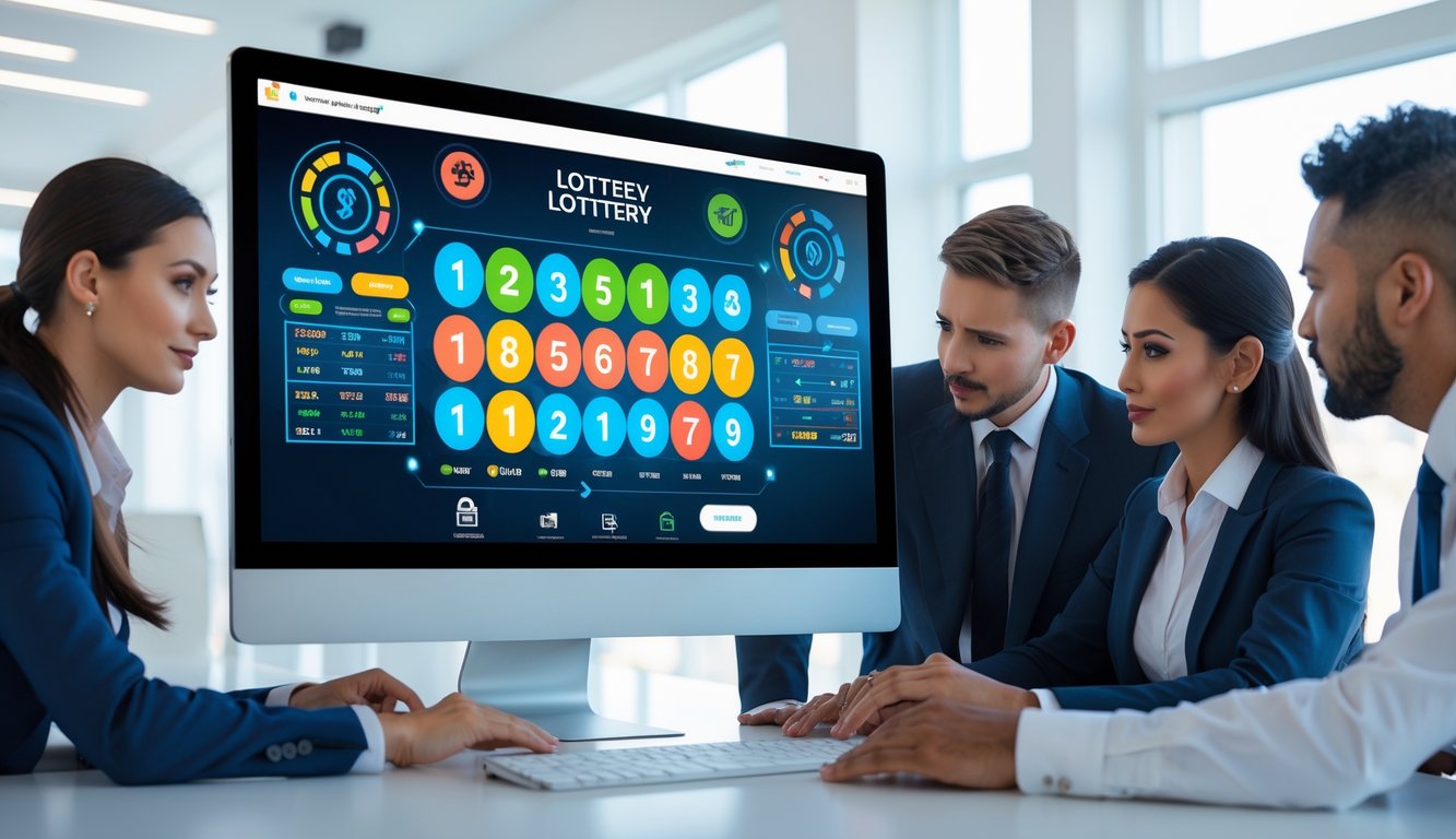 Orang-orang profesional sedang menggunakan komputer dengan tampilan platform lotere online di kantor yang terang dan rapi.