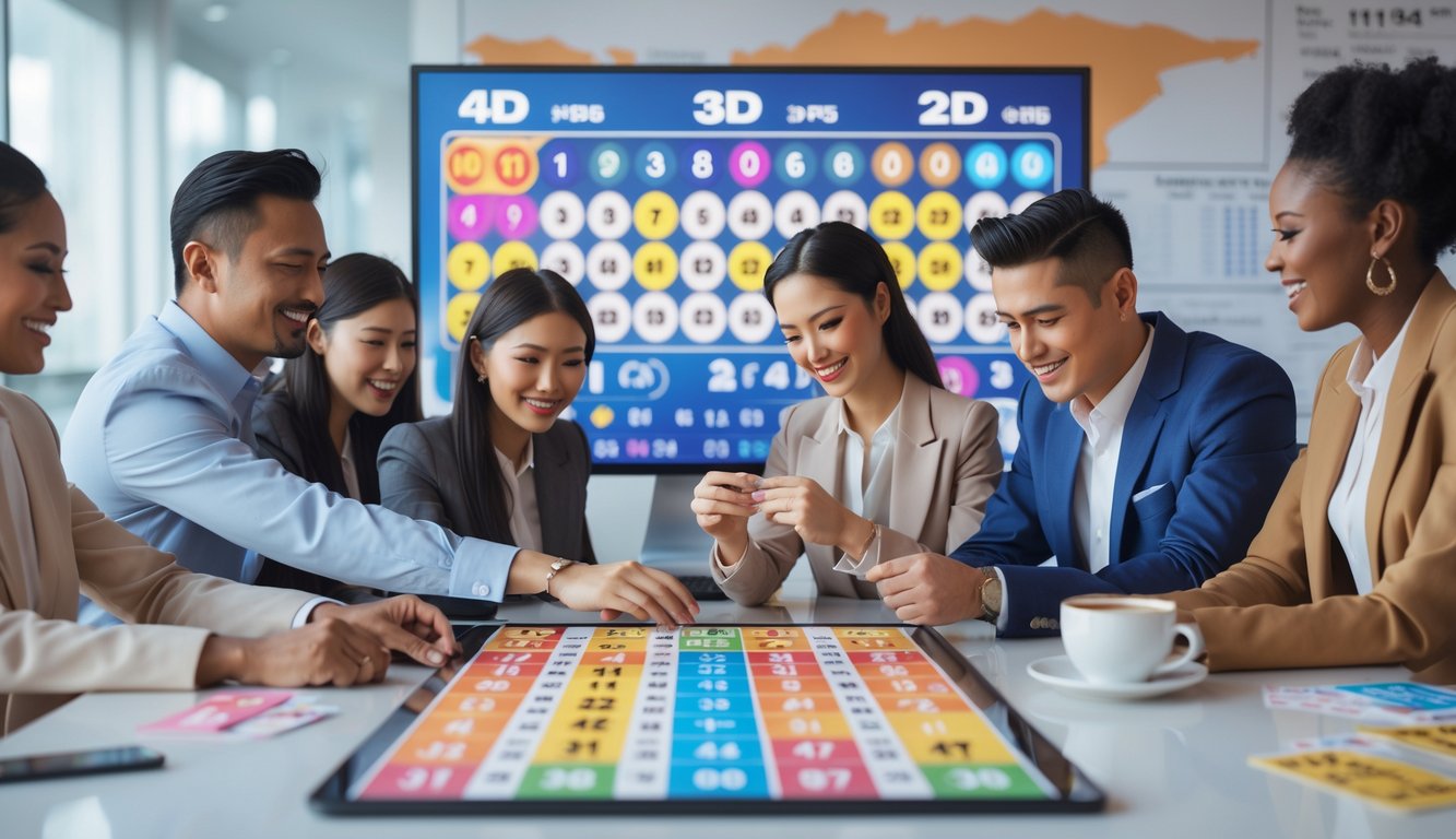 Orang-orang sedang memilih angka dan bermain lotere di ruang modern dengan layar digital dan tiket lotere di atas meja.