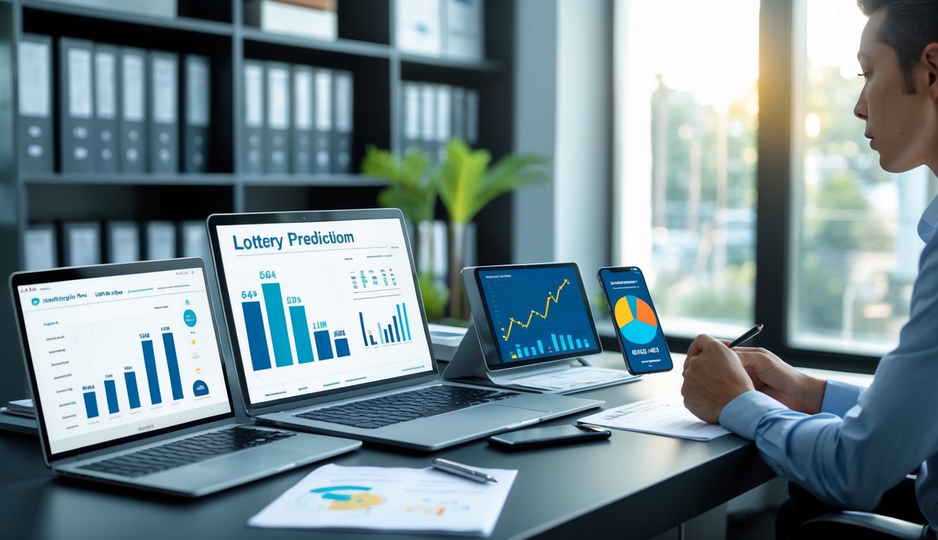 Seorang profesional sedang menganalisis data di meja kerja dengan perangkat digital di ruang kantor yang terang.