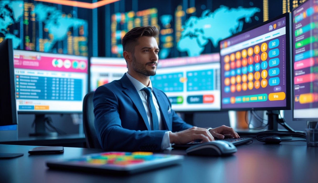 Seorang profesional bekerja di kantor modern dengan beberapa layar komputer yang menampilkan grafik dan angka terkait lotere.