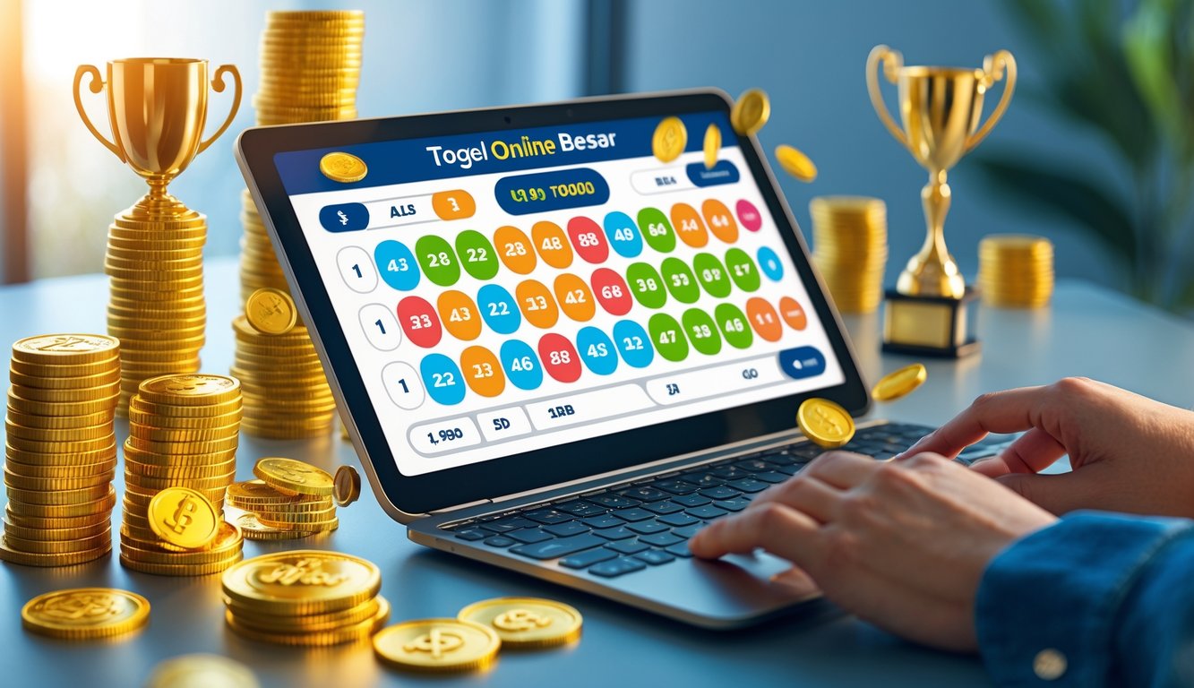 Seseorang menggunakan perangkat digital dengan tampilan permainan togel online dan hadiah besar di sekitarnya.